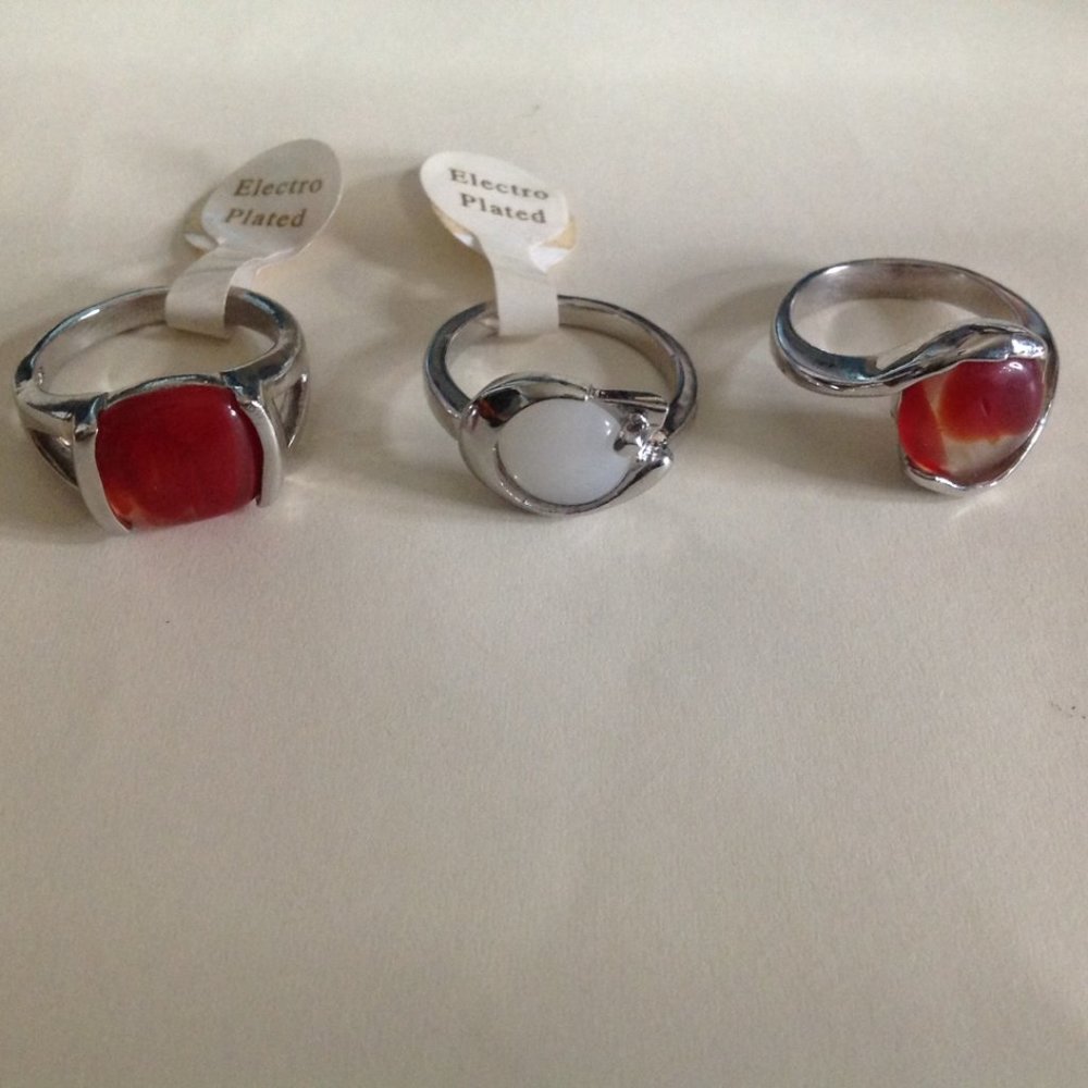 Lot of 3 Vintage Silver Tone Electroplated Gemstone Rings Size 9